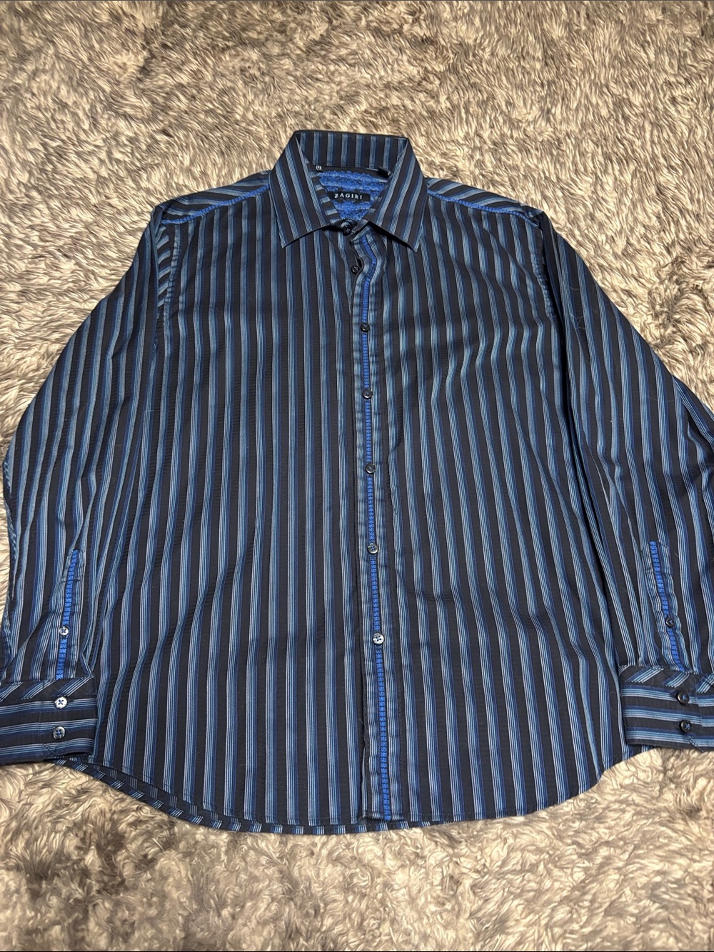 Zagiri XL Men’s Blue Striped Long Sleeve Button Down Shirt Embroidered Detail